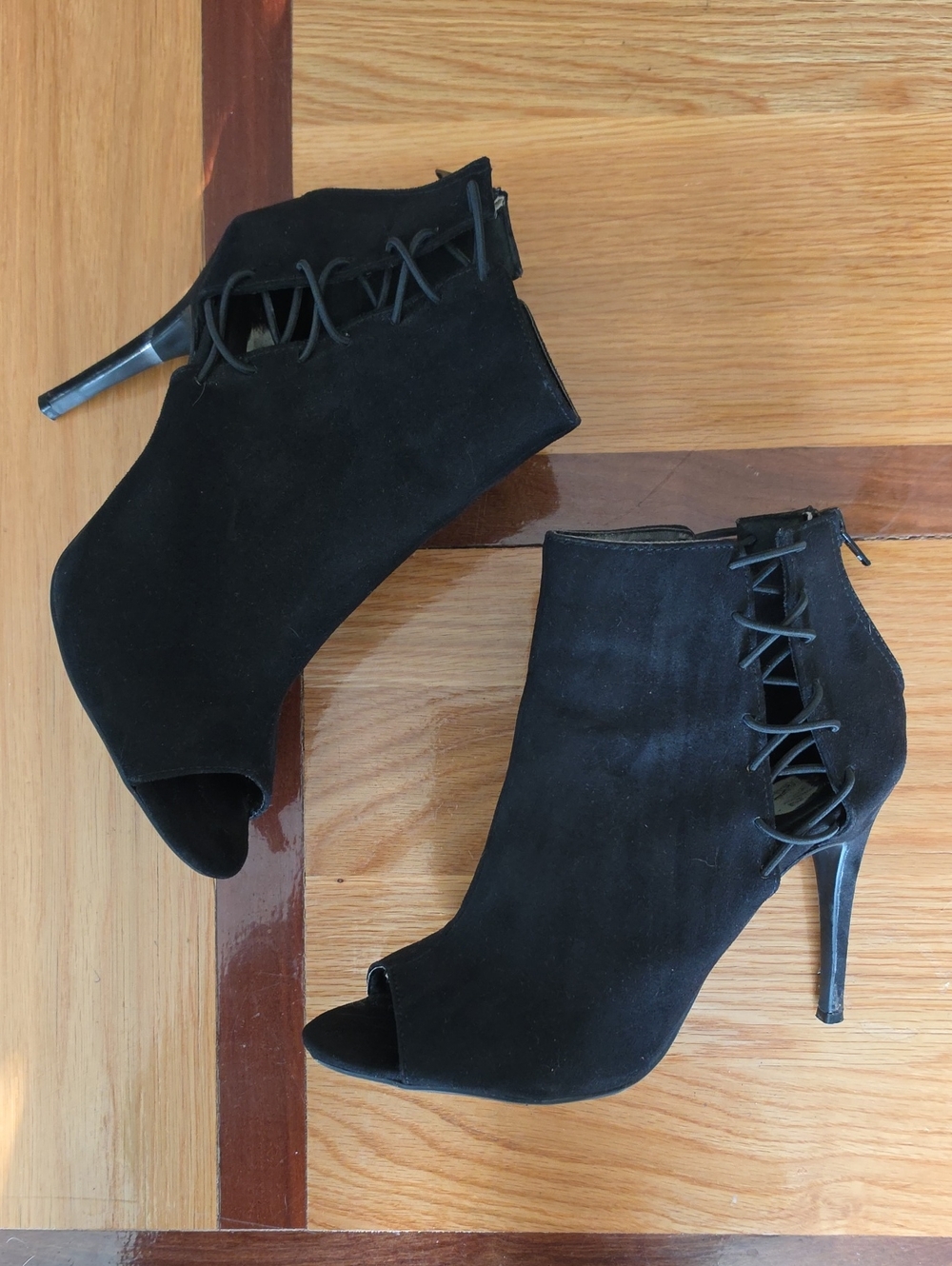Anne Michelle Princess-96S Black Faux Suede Lace-Up Peep Toe Ankle Booties Heels